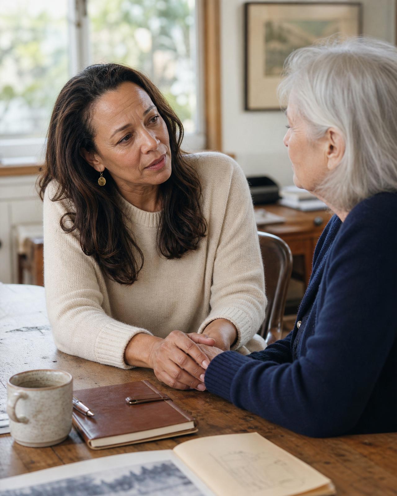 Keystone advisor sitting at a table holding the hand of an older client during a placement conversation