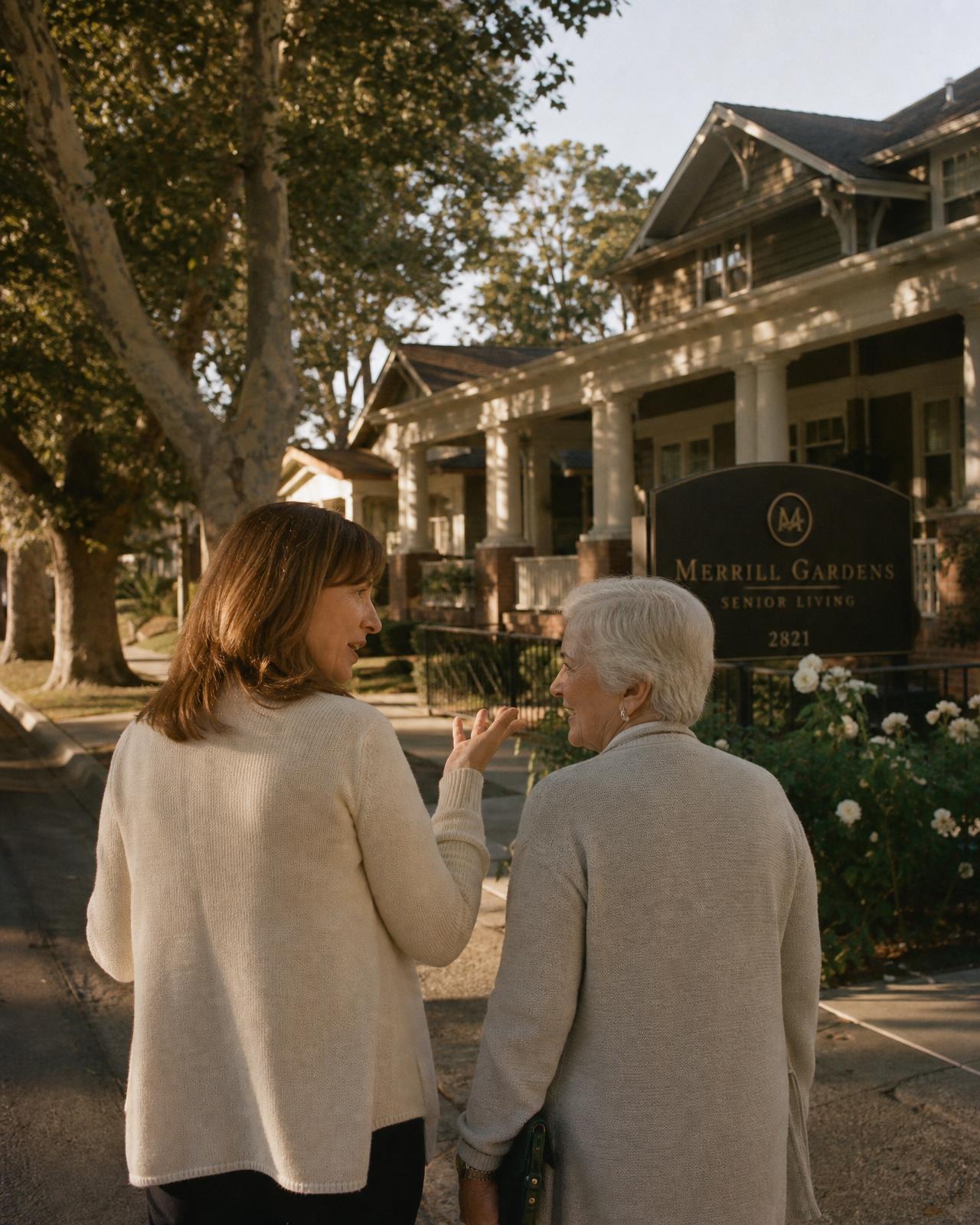 Keystone advisor walking with a family member outside a Sacramento senior-living community