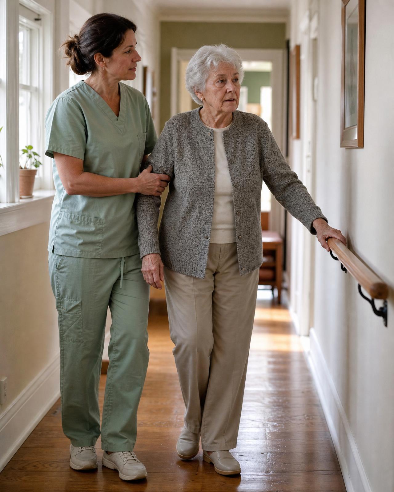 A caregiver in soft sage scrubs steadies the elbow of an elderly woman walking down a sunlit residential hallway
