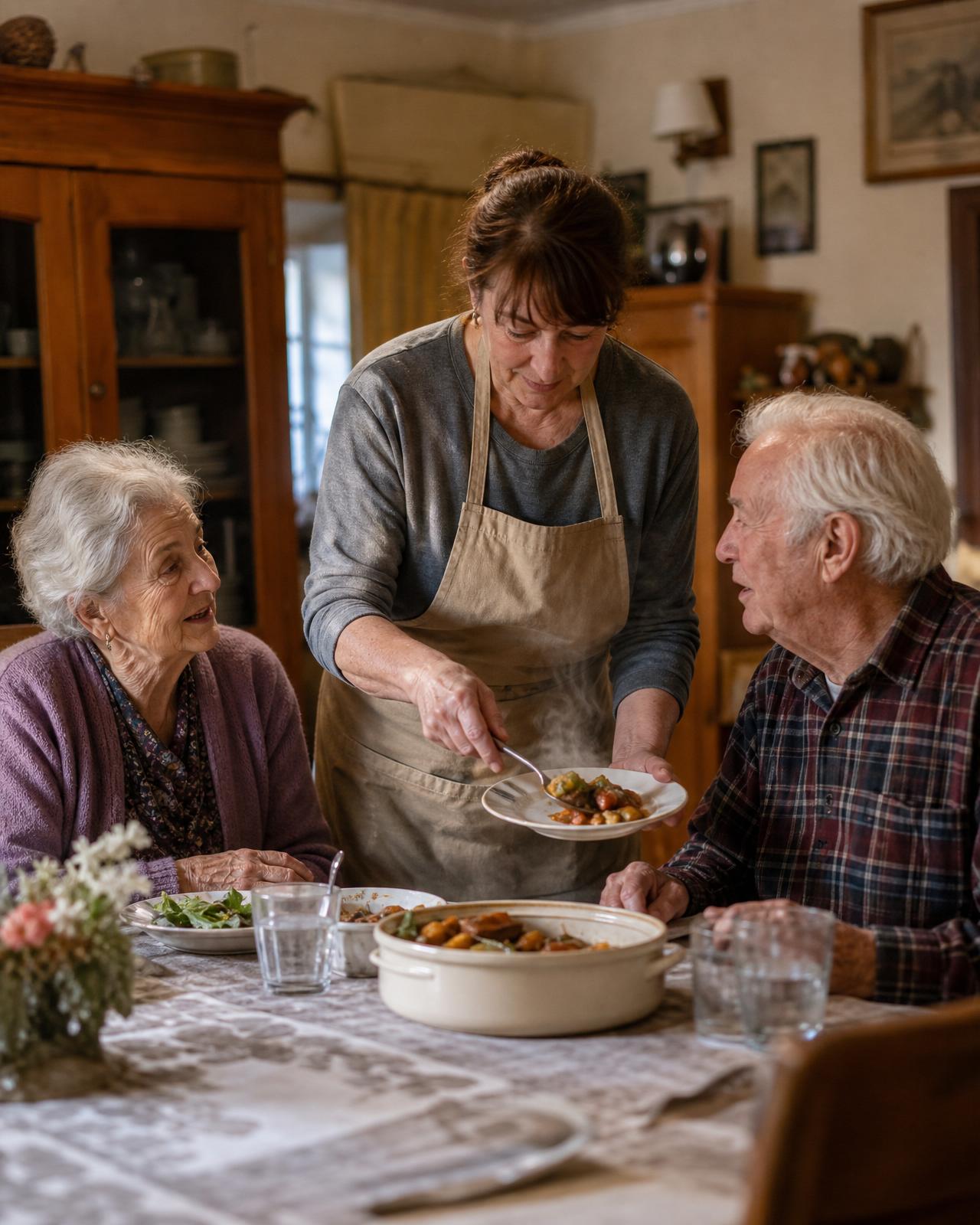 Inside a small board and care home, a cook in an apron serves a home-cooked meal to two elderly residents at a warm wood dining table