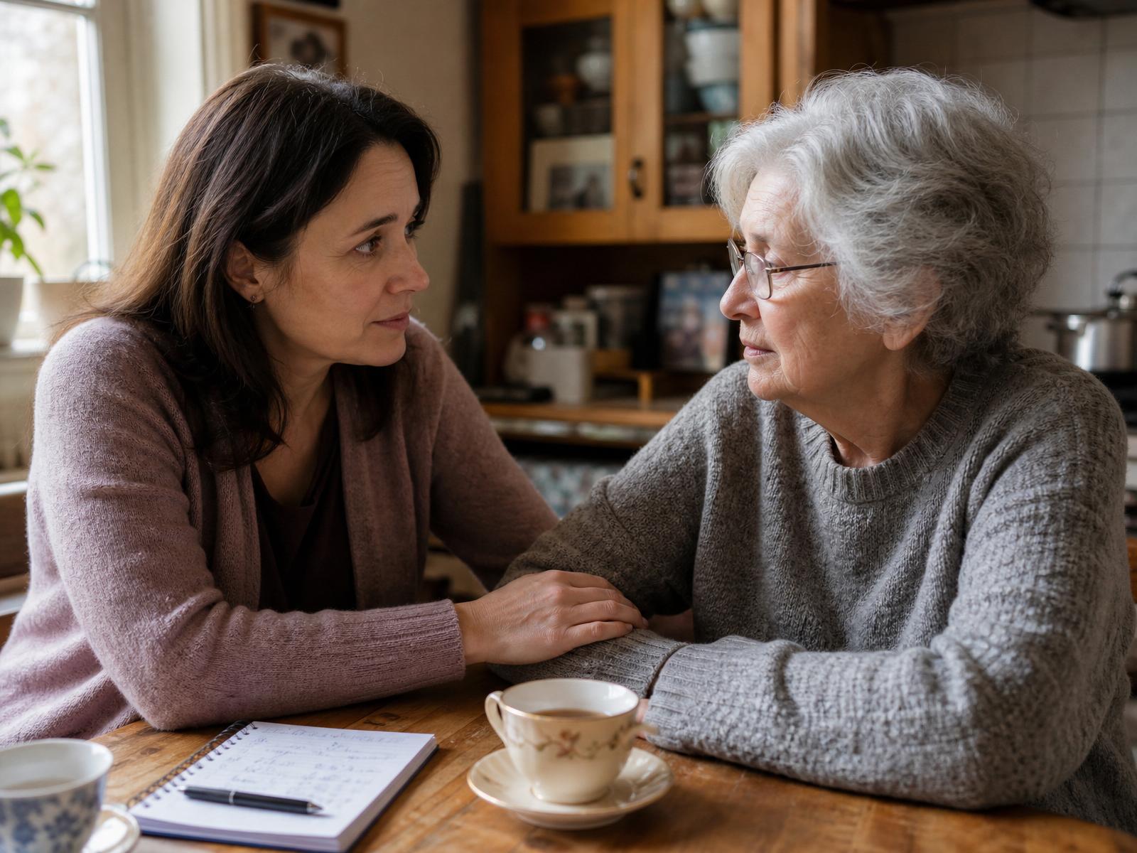 An adult daughter and her elderly mother talk gently at a kitchen table