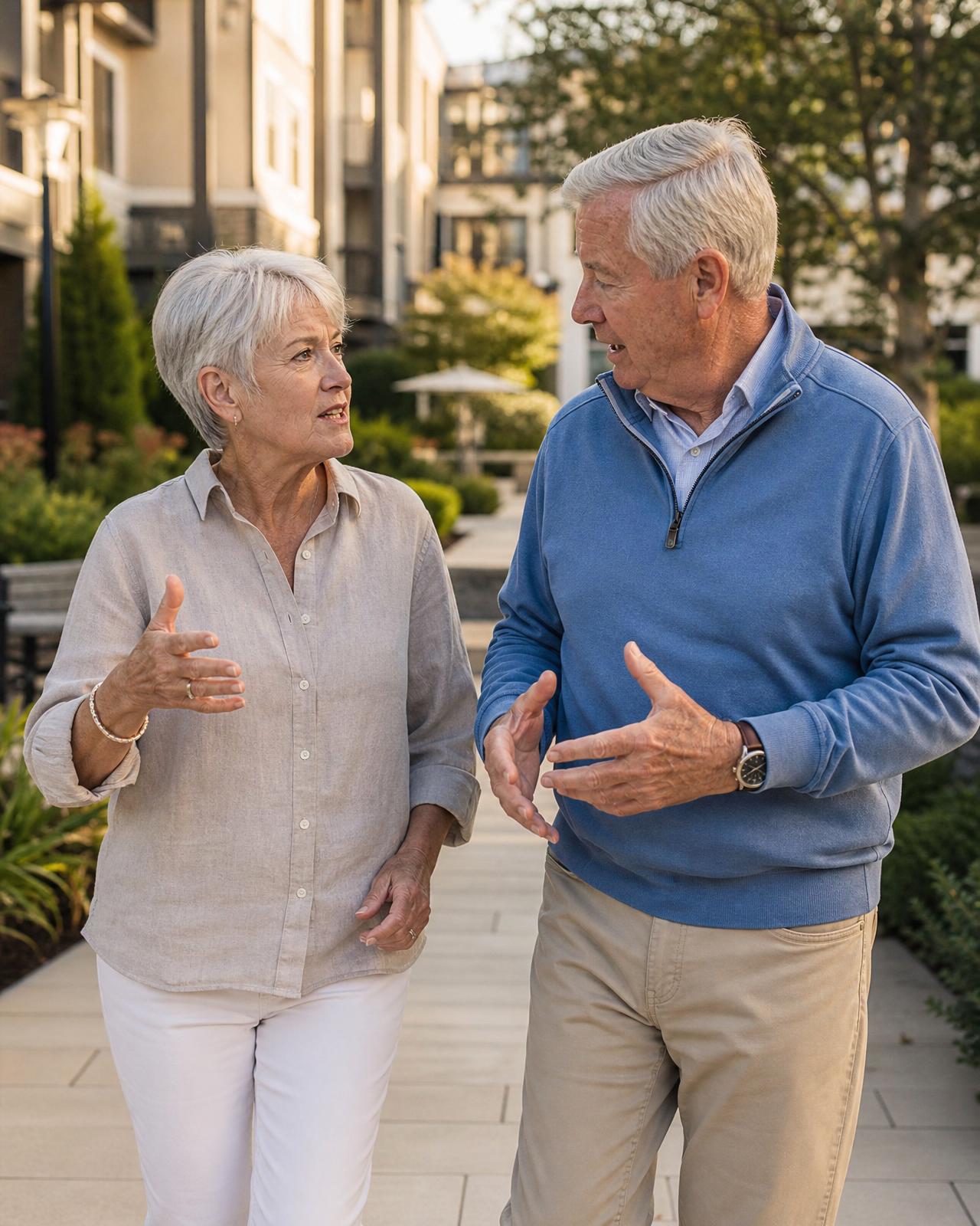 Three older adults walking a garden path at golden hour outside a Spanish-tile clubhouse