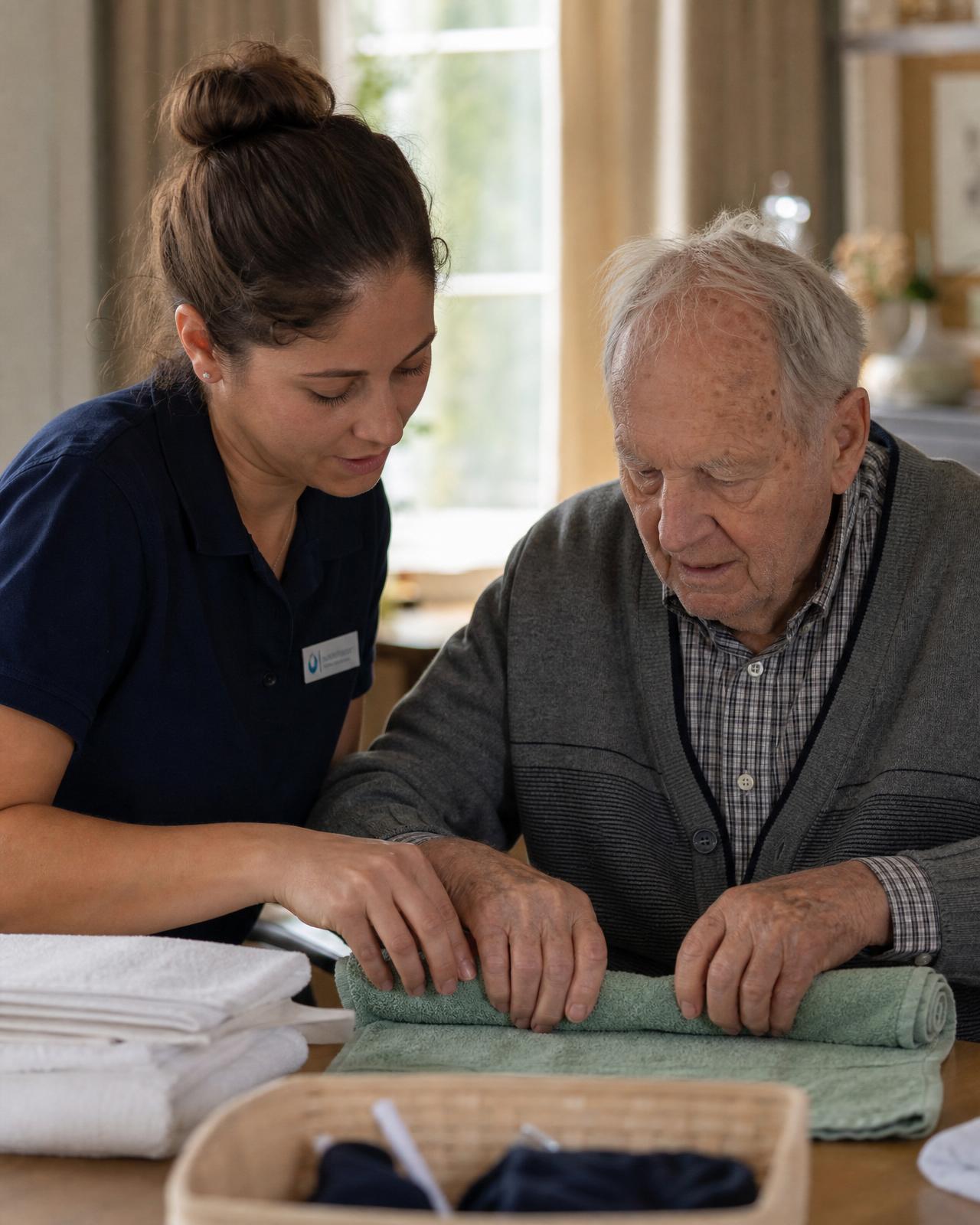 An older man tending an indoor herb garden while a memory care specialist sits beside him