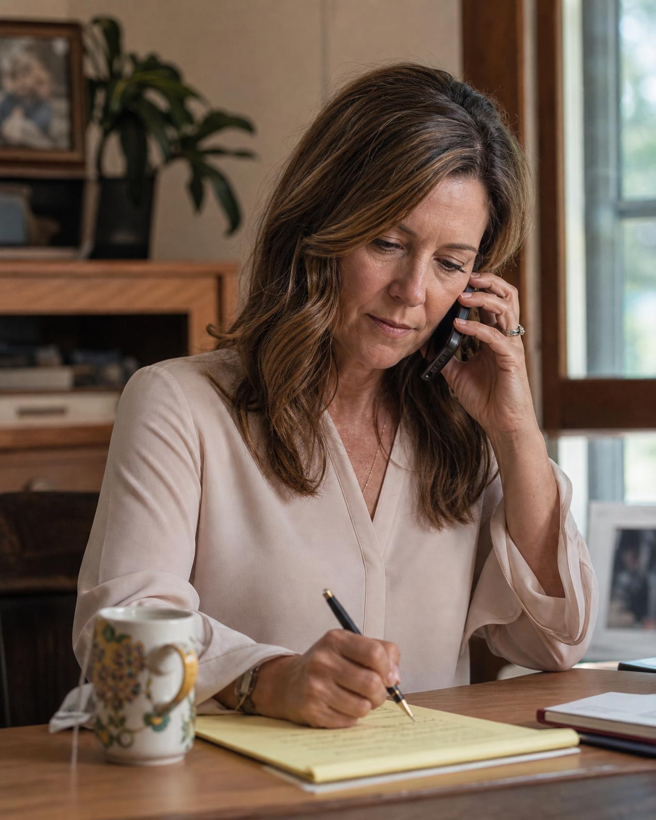 A placement advisor takes careful notes on a yellow legal pad during a phone call with a family