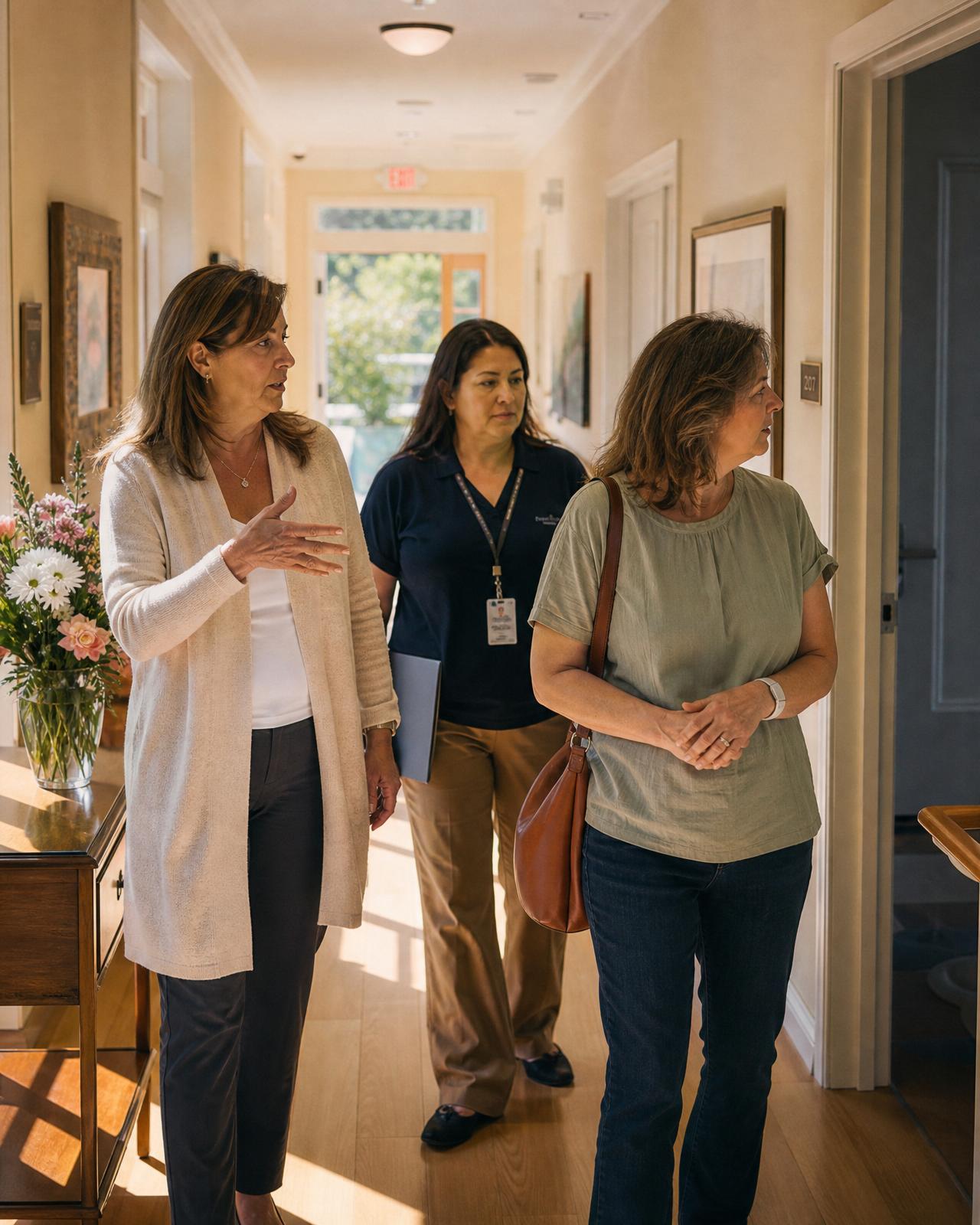 A placement advisor walking a family member through a senior care home hallway