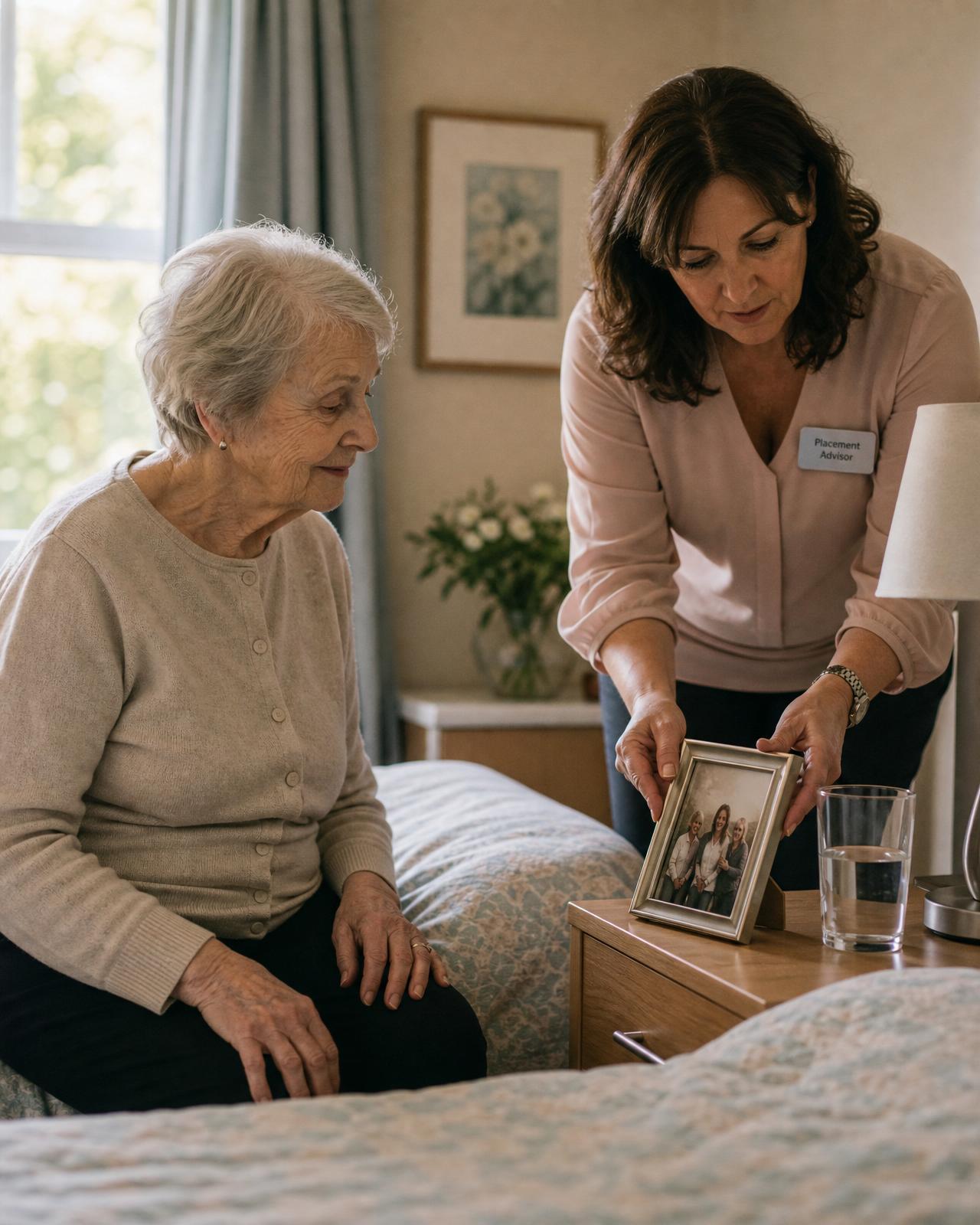 A placement advisor helping an elderly woman settle into her new room by placing a family photo on the nightstand