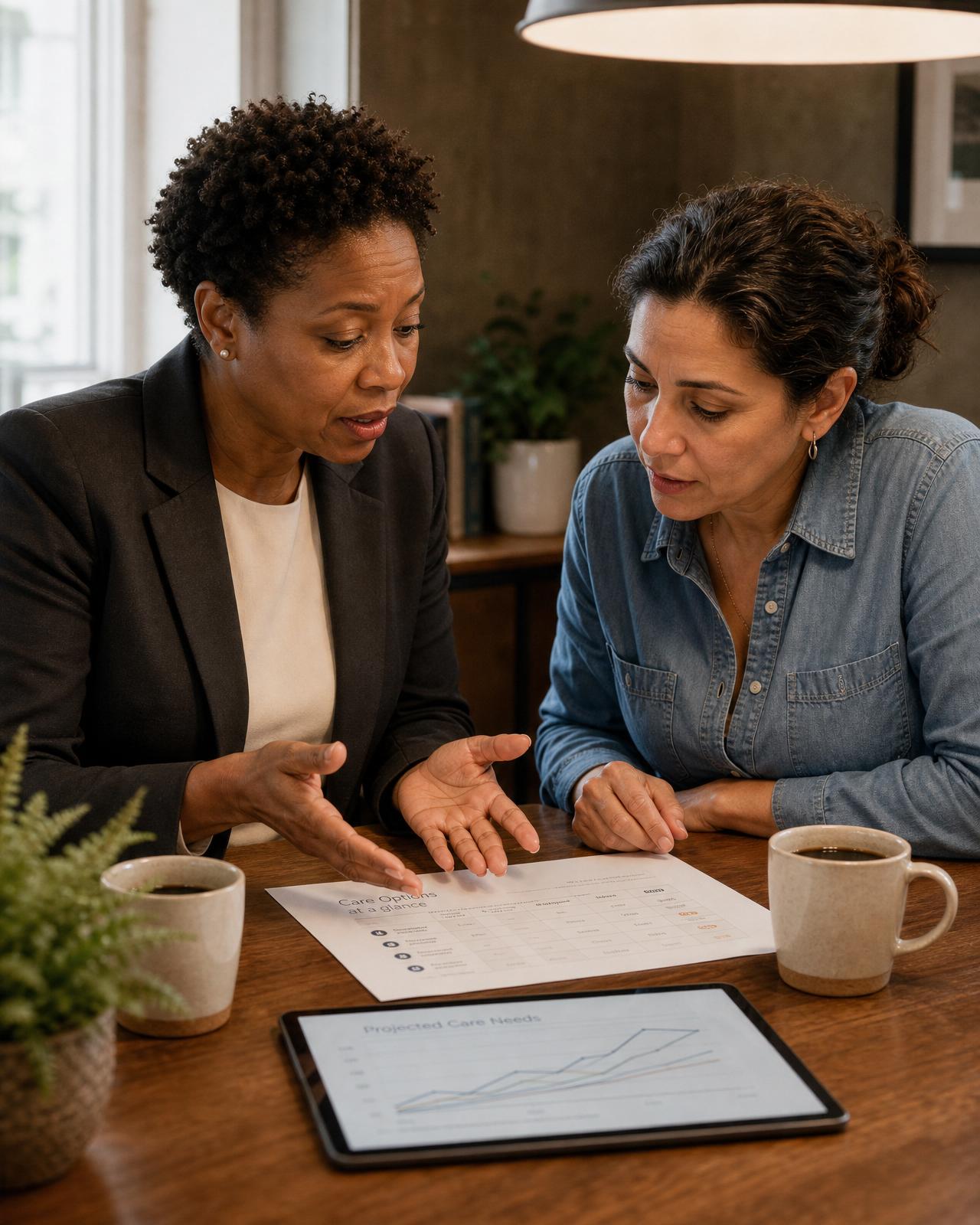 A Keystone placement advisor walking a family member through care options at a quiet office table