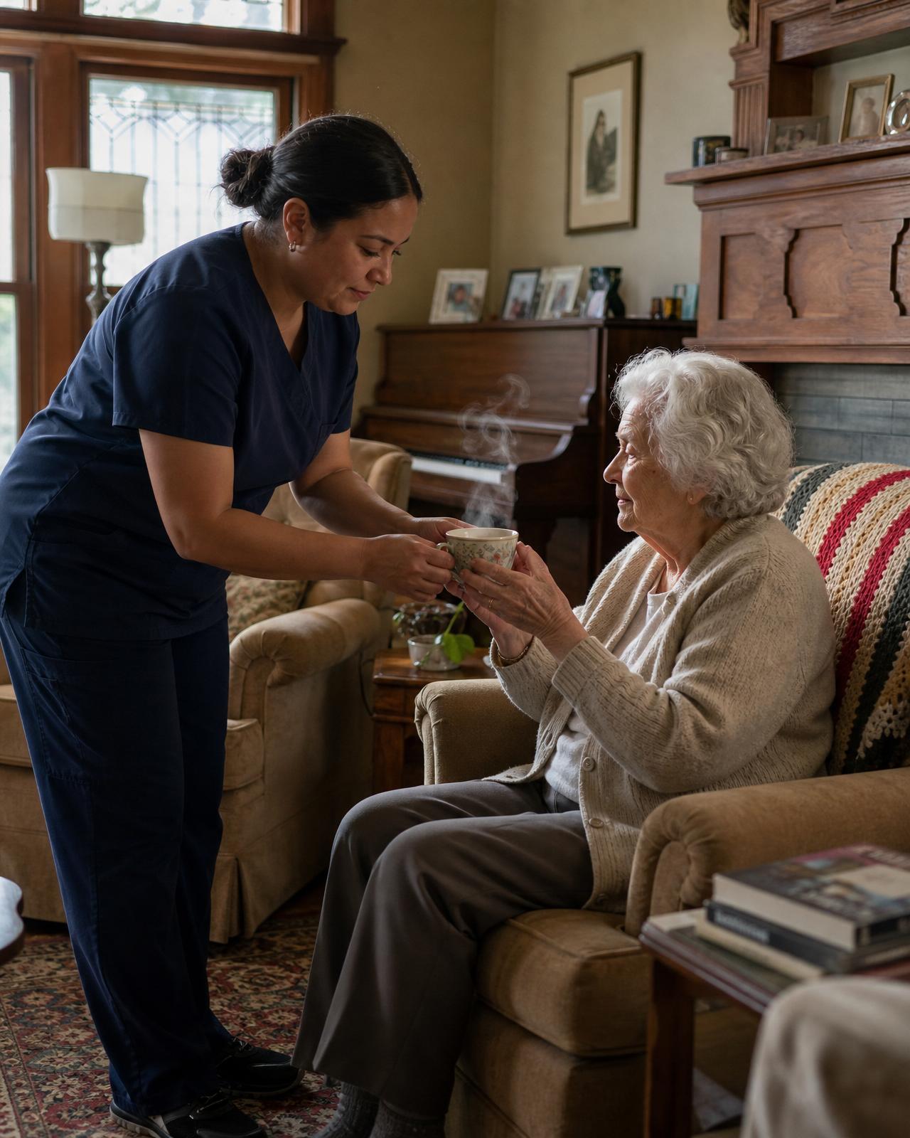 A caregiver handing a steaming cup of tea to an elderly woman seated in a cozy six-bed residential care home living room