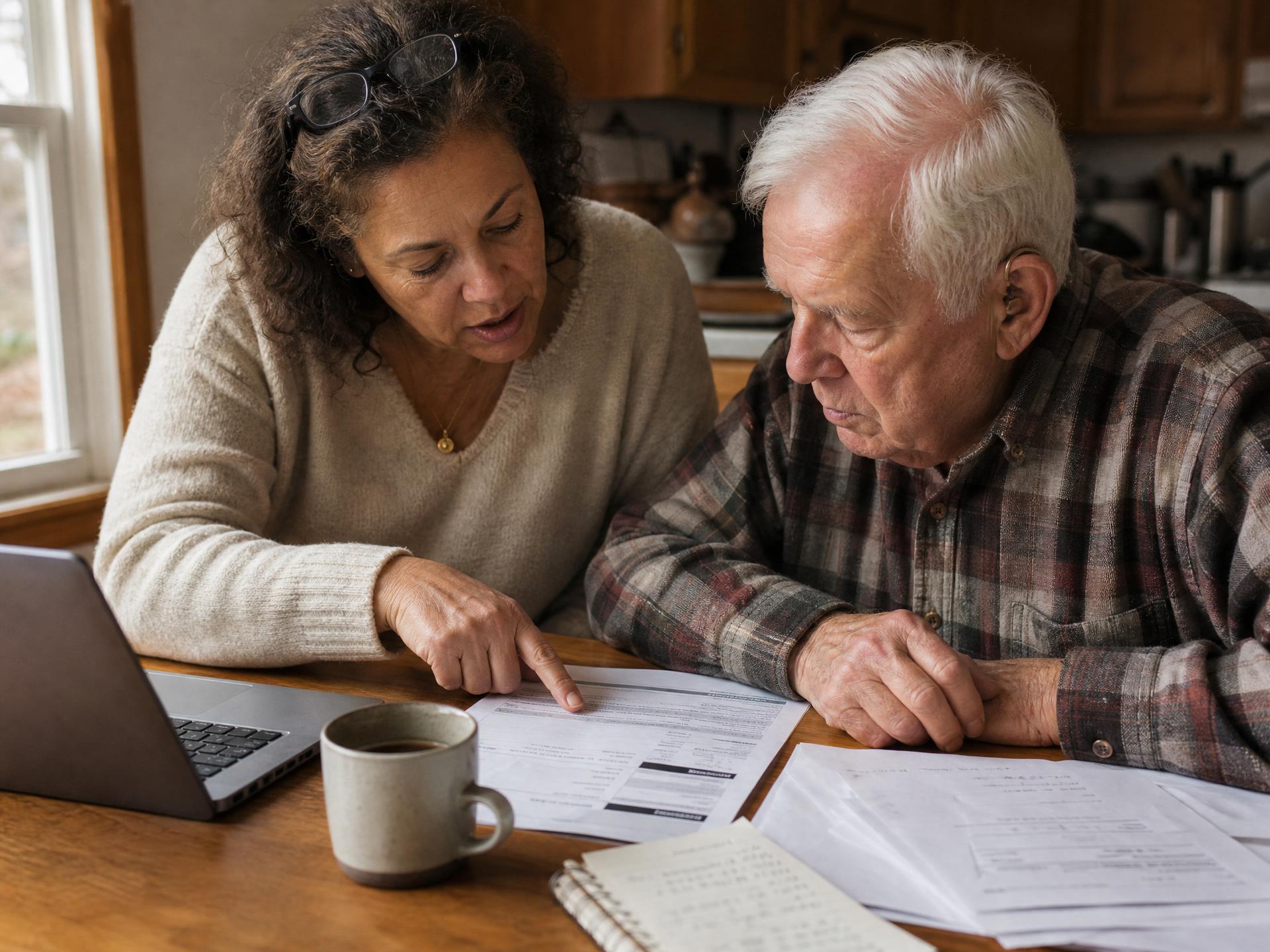 An adult daughter and her elderly father reviewing bills and a budget worksheet at the kitchen table