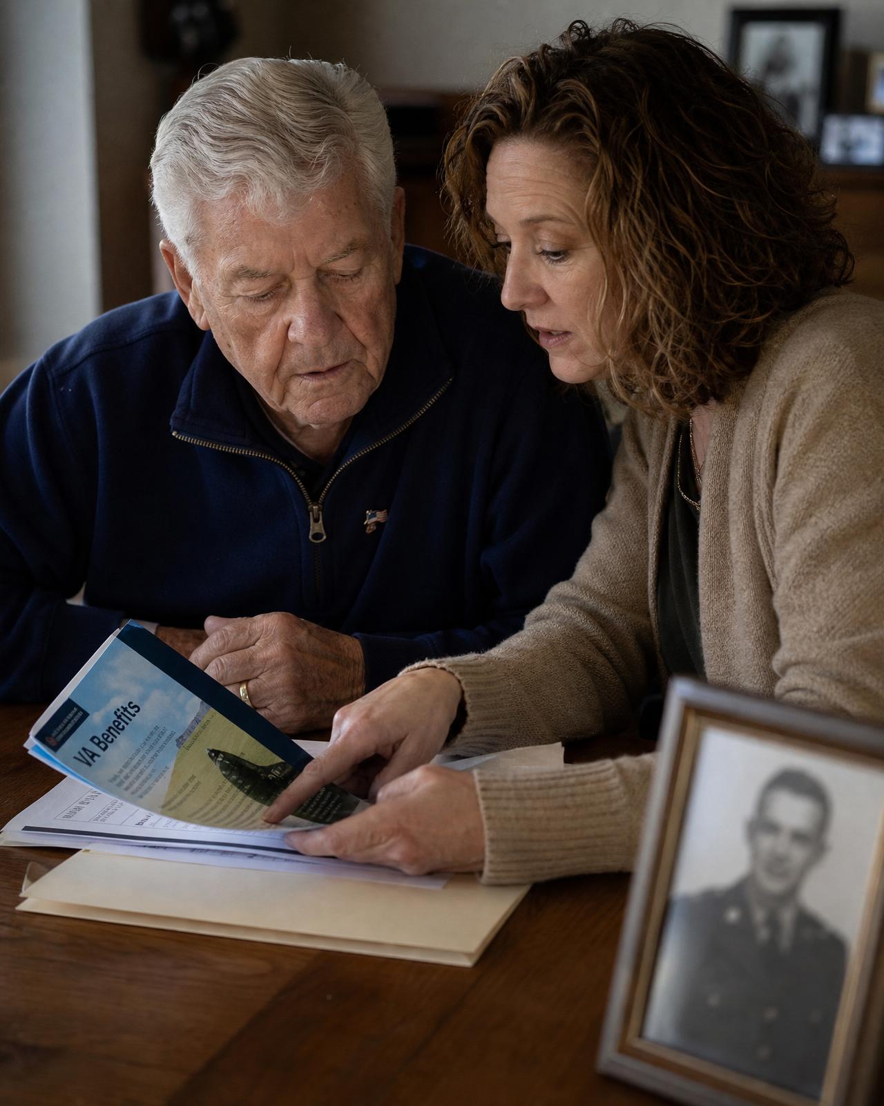 An elderly veteran and his adult daughter reviewing a VA benefits brochure together at the kitchen table