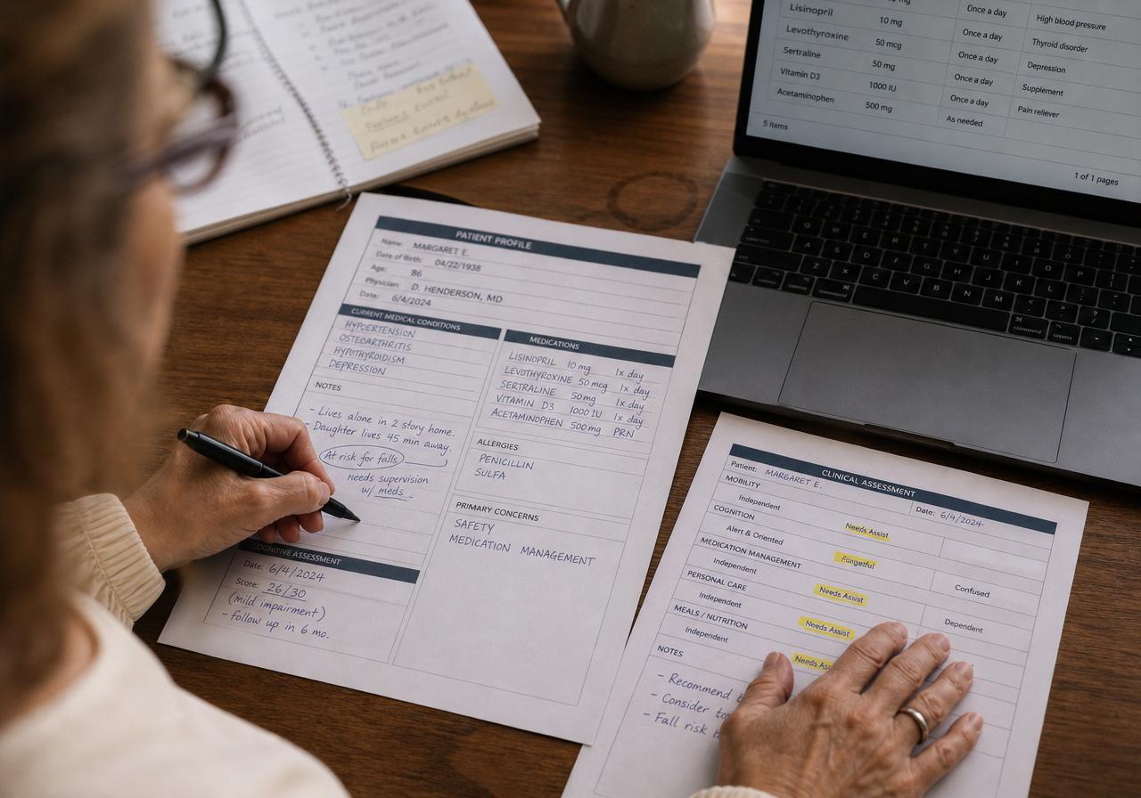 A Keystone advisor's hands annotating a patient profile, medication list, and clinical assessment with a laptop nearby