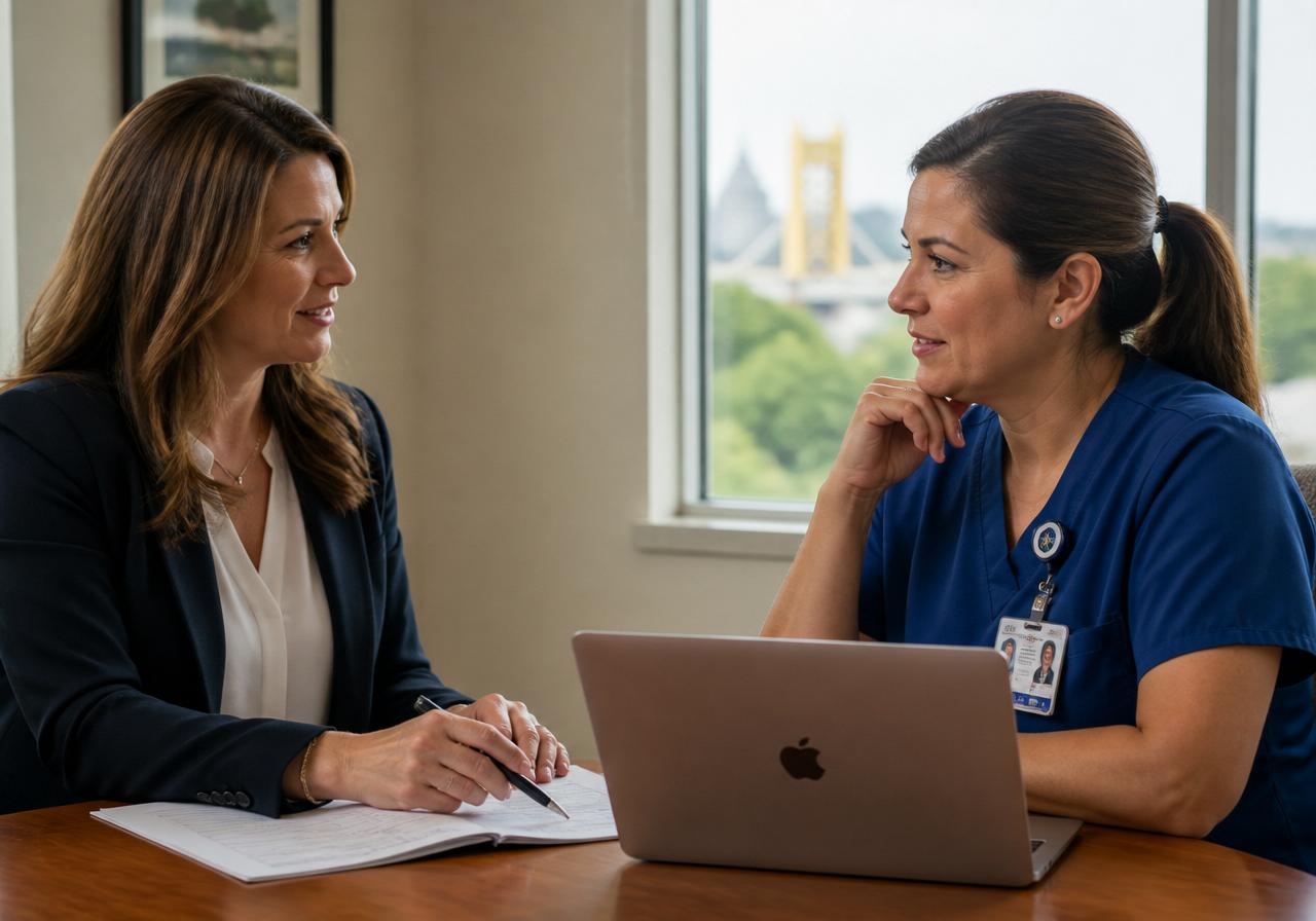A Keystone placement advisor reviewing a patient chart with a hospital case manager in scrubs